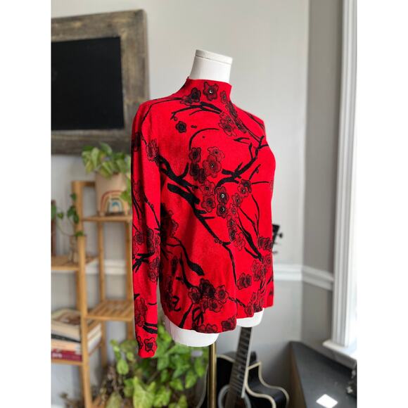 Vintage 90s Red and Black Floral Sequin Mockneck Knit Sweater Size Medium - Picture 3 of 5